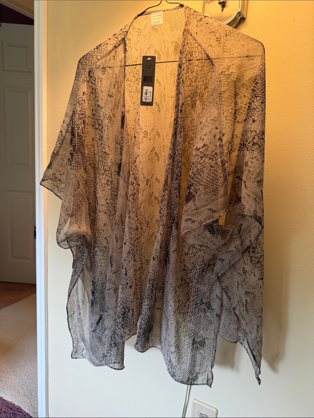 Sheer Snake-Print Kimono Cover in Beige and Black - Unbranded